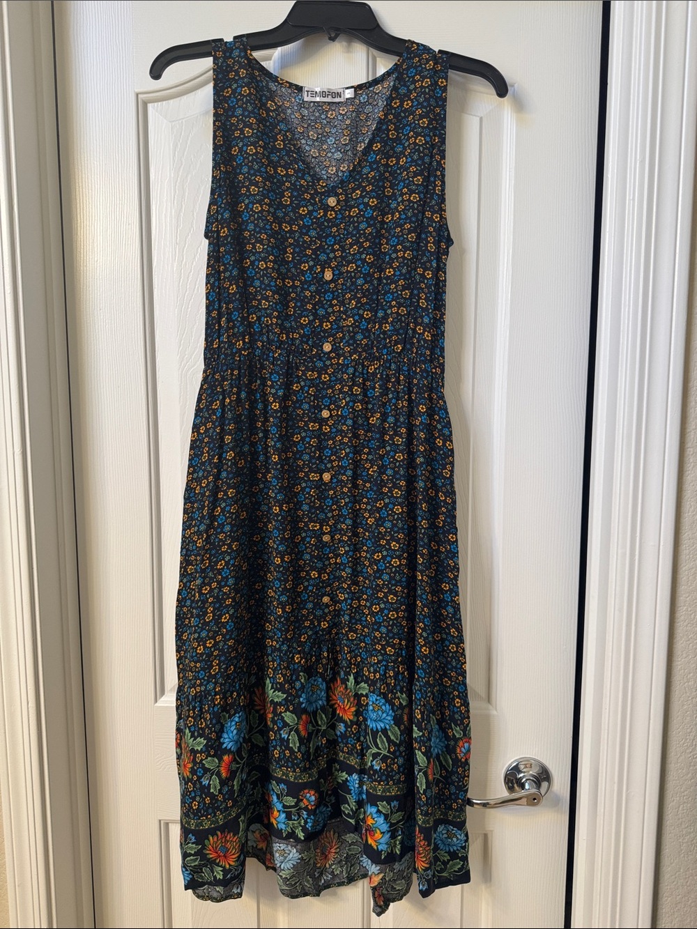 Temofon Floral Maxi Sundress in Black with Blue & Mustard Accents